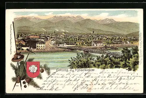 Lithographie Rosenheim, Panorama der Stadt mit den Alpen