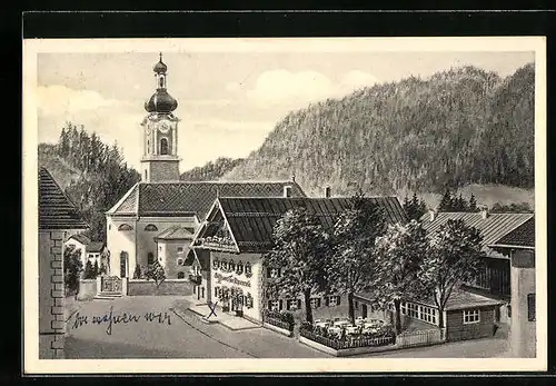 AK Oberaudorf a. Inn, Gasthof Alpenrose, Bes. A. u. A. Ertl, Kirchenblick