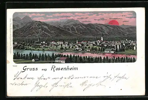 AK Rosenheim, Hinter den Alpen geht die Sonne unter und taucht die Stadt in ein wunderschönes Licht