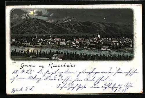 Mondschein-AK Rosenheim, Panorama der Stadt bei Nacht