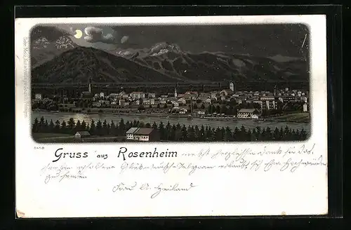 Mondschein-AK Rosenheim, Panorama der Stadt bei Nacht, Mondlicht spiegelt sich im Inn