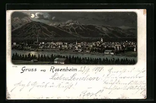 Mondschein-AK Rosenheim, Panorama der Stadt bei Nacht, Mondlicht spiegelt sich im Inn