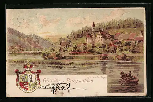 Künstler-AK Burgwalden, Sicht über den Fluss auf den Ort, Wappen