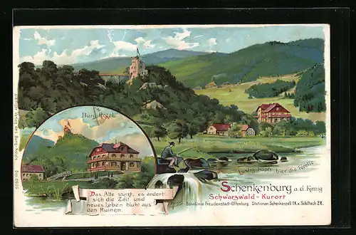 AK Schenkenburg a. d. Kinzig, Burg-Hotel, Angler wartet auf Forellen