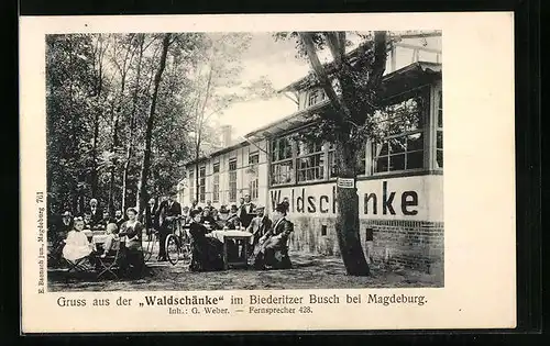 AK Magdeburg, Gruss aus der Waldschänke im Biederitzer Busch, Inh. G. Weber