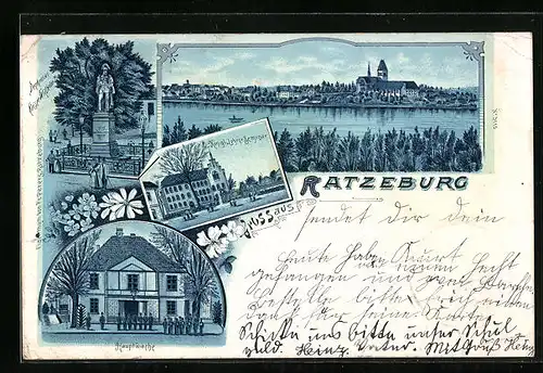Lithographie Ratzeburg, Denkmal Kaiser-Wilhelm I:, Kgl. Lehrer Seminar, Hauptwache