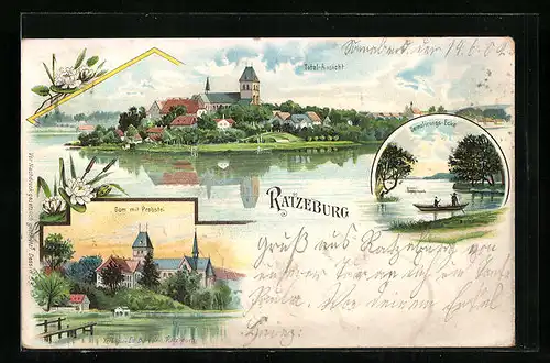 Lithographie Ratzeburg, Demolirungs-Ecke, Dom mit Probstei, Totalansicht