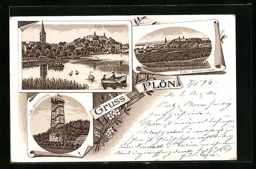 Lithographie Plön, Schwanensee, Aussichtsturm, Ortsansicht