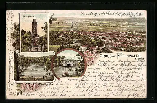 Lithographie Freienwalde a. d. Oder, Aussichtsturm, Papenmühle, Baa-See