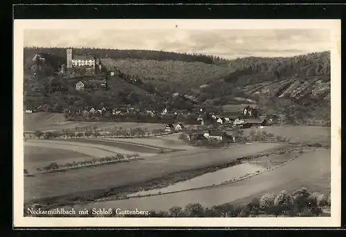 AK Neckarmühlbach, Blick über den Ort auf Schloss Guttenberg