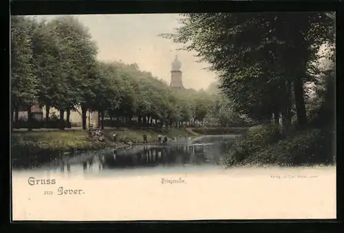 AK Jever, Spaziergänger an der Prinzenallee und am Wasser