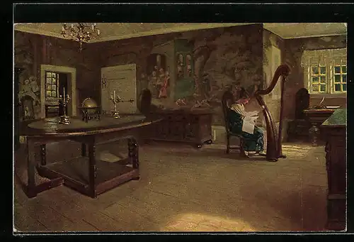 Künstler-AK sign. Slott-Moller: Harfenspiel, Dänische Kunst