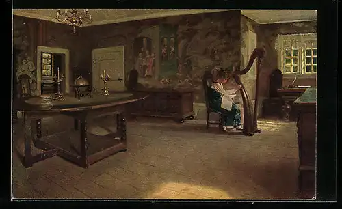 Künstler-AK sign. Slott-Moller: Harfenspiel, Dänische Kunst