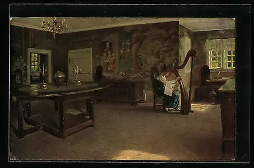 Künstler-AK sign. Slott-Moller: Harfenspiel, Dänische Kunst