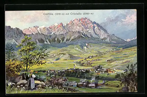 Künstler-AK Hans Treiber: Cortina d`Ampezo, Panorama mit Monte Cristallo