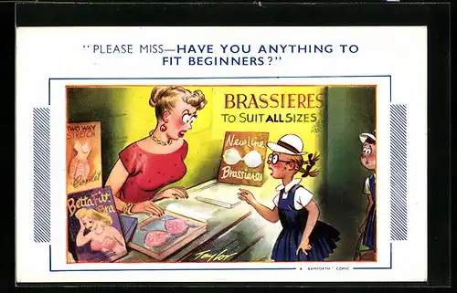 Künstler-AK Arnold Taylor: Please Miss, Have you anything to fit Beginners?, Brassieres