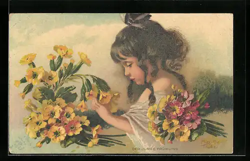Künstler-AK Maxim Trübe: Der junge Frühling, Mädchen mit Blumen