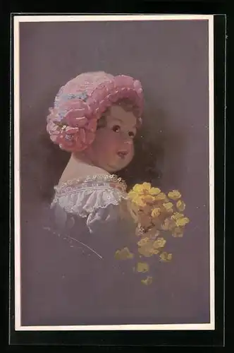 Künstler-AK Ludwig Knoefel: Niedliches Kleinkind mit Haube und gelben Blumen