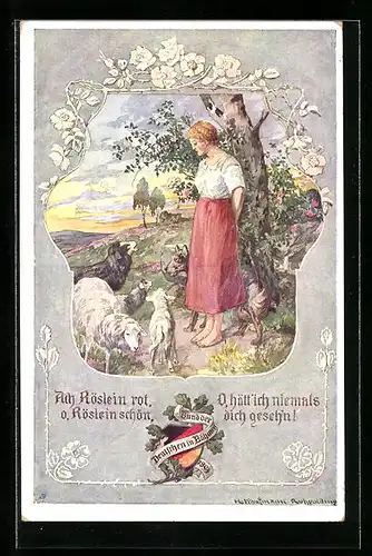 Künstler-AK Hans Kaufmann: Hübsche Schäferin mit Hund und Herde