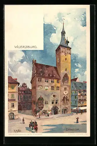 Künstler-AK Karl Mutter: Würzburg, Strassenpartie mit dem Eckardsturm