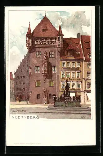 Künstler-AK Karl Mutter: Nürnberg, Rathaus mit Brunnen
