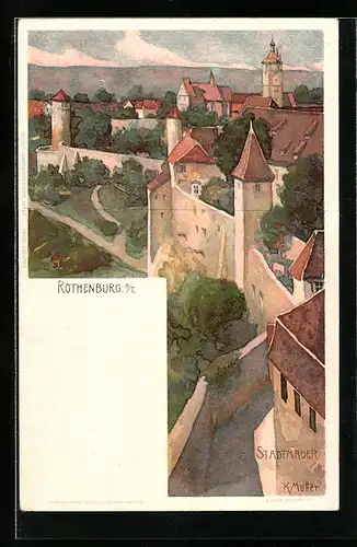 Künstler-AK Karl Mutter: Rothenburg o. T., Blick auf die Stadtmauer
