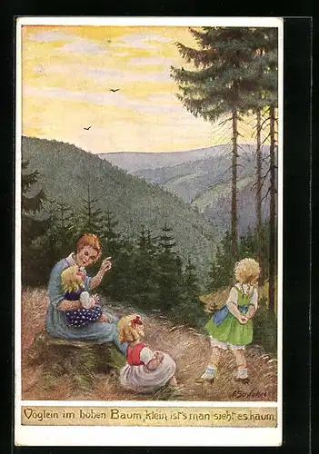 Künstler-AK Franziska Schenkel: Mutter mit Töchtern betrachten Vögel im Wald