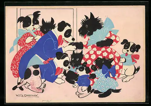 Künstler-AK Willy Schermele: Hondjes-serie, Hunde begrüssen sich