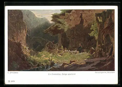 Künstler-AK Carl Spitzweg: Ein Einsiedler, Geige spielend