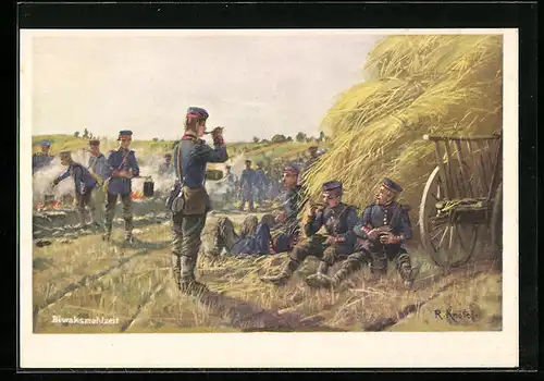 Künstler-AK Richard Knoetel: Soldaten bei einer Biwakmahlzeit