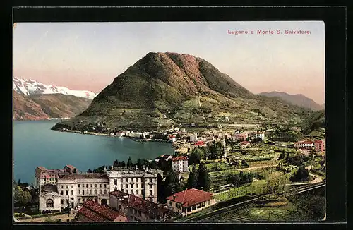 AK Lugano, Ortsansicht aus der Vogelschau mit Monte S. Salvatore