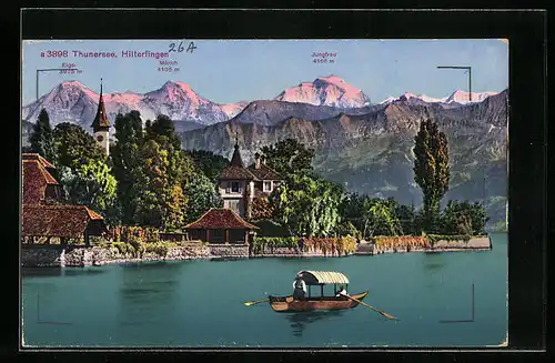 AK Hilterfingen am Thunersee, Ruderboot auf dem See mit Mönch, Jungfrau und Eiger