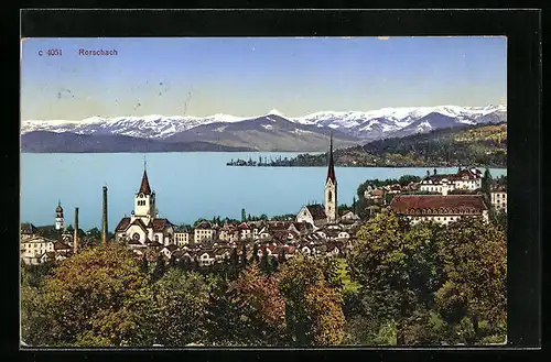 AK Rorschach, Ortsansicht aus der Vogelschau mit Kirchen