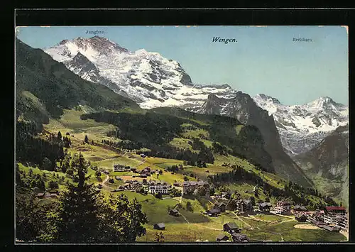 AK Wengen, Ortsansicht aus der Vogelschau mit Breithorn und Jungfrau