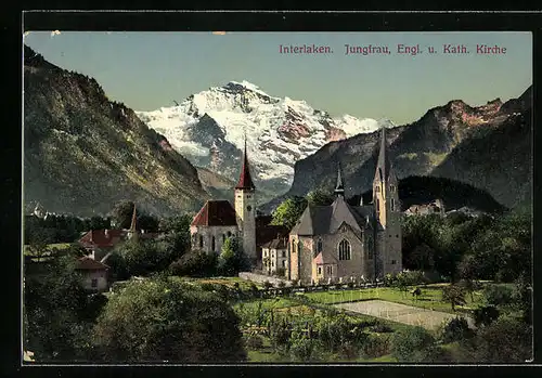 AK Interlaken, Kirchen mit Blick auf Jungfrau