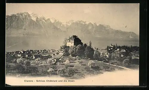 AK Clarens, Schloss Châtelard und die Alpen, Reklame für F. L. Cailler`s Schweiz. Milch-Chocolade