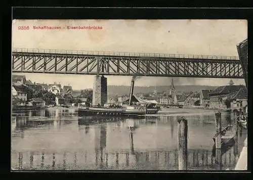 AK Schaffhausen, Eisenbahnbrücke mit Dampfer