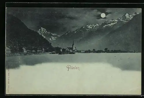 Mondschein-AK Flüelen, Uferpartie mit Kirche