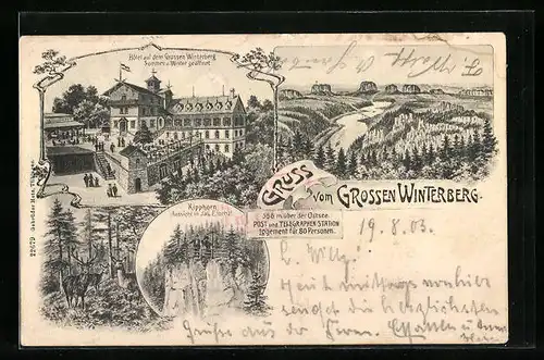 Lithographie Grosser Winterberg, Hotel auf dem Grossen Winterberg, Kipphorn mit Aussicht in das Elbthal, Hirsch und Rehe