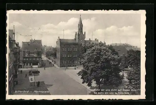 AK Bitterfeld, Marktplatz mit Geschäft von Hermann Henze