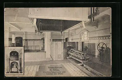 AK Zittau, Krematorium, Einäscherungsraum und Inneres des Ofens