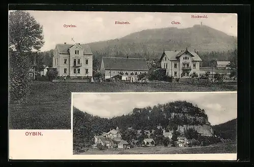 AK Oybin, Ortspartie, Panorama mit Oywina, Elisabeth und Clara, Hochwald