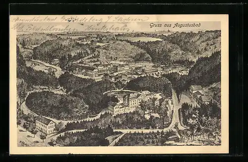 Künstler-AK Augustusbad, Teilansicht mit Rehen