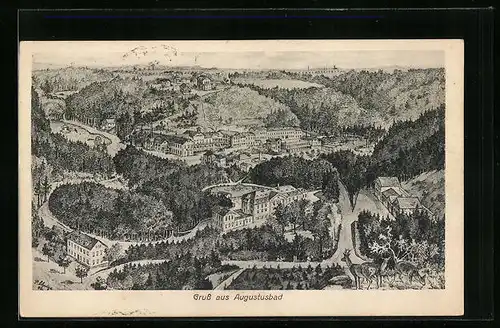 Künstler-AK Augustusbad, Teilansicht mit Rehen