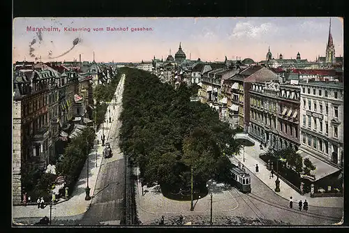 AK Mannheim, Kaiserring vom Bahnhof aus gesehen, Strassenbahn