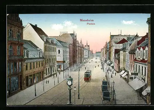 AK Mannheim, Strasse mit Hotel Garni und Strassenbahn, Planken