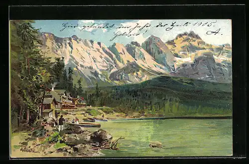 Künstler-AK Karl Heinisch: Eibsee, Seepartie mit Bootsfahrer