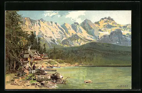 Künstler-AK Karl Heinisch: Eibsee, Uferpartie mit Gebirge