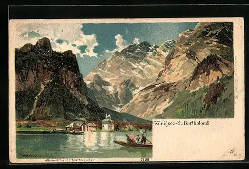 Künstler-AK Karl Heinisch: Königsee-St. Bartholomä, Bootspartie mit Bergpanorama