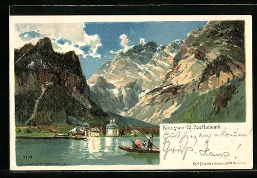 Künstler-AK Karl Heinisch: Königsee-St. Bartholomä, Ortsansicht vom Königsee her